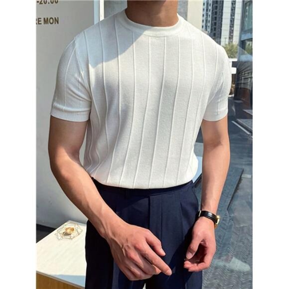 Men Solid Ribbed Knit Top, Elegant Men Shirt - Picture 2 of 9
